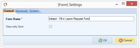 Fig. 158. The Form Settings window the General tab You can also configure displayed variables and form elements.