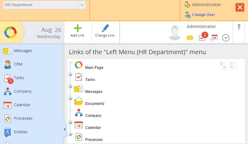 Chapter 6 Web Portal Fig. 199. Left menu links for the HR Department interface Preview the changes in the main and left menus of the HR Department interface.