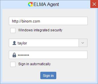 Chapter 7 ELMA Agent Fig. 237. ELMA Agent startup window Enter your login, password and the address of ELMA Server. You must enter the full address, with a prefix (e.g., http or https).