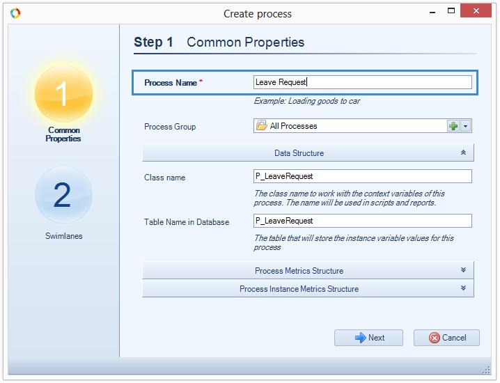 4. Process Creation Wizard opens and Add Process dialog box appears. Here you can configure the parameters of the new business process: i. Step 1. Common Properties. Enter the process name (Fig. 46).