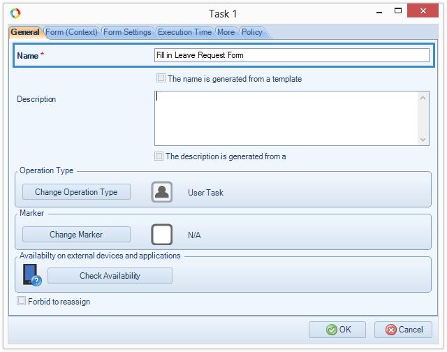 Fig. 59. Configuring a user task. Task settings window General tab The full description of User Tasks settings and other modelling elements is available in ELMA Help.