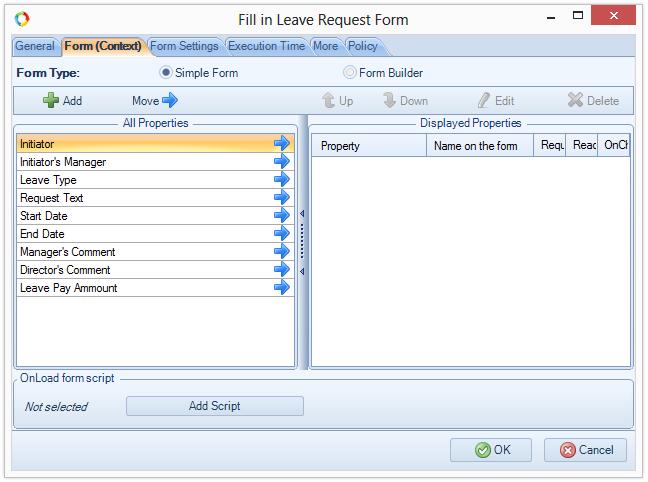 Configure the first task settings (The Fill in Leave Request Form task). To do this, double click on the task task settings window opens go to the Form (Context) tab (Fig. 72)