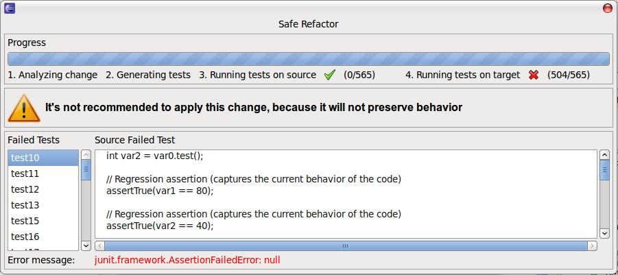 A message advises that the refactoring should not be applied.
