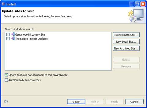 5. Select Search for new features to install and click Next. A list of available Update sites is displayed. Figure 2-6.