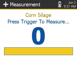 See Notes below. Press Trigger or Number of trigger presses necessary for a moisture measurement is controlled by the Set Measurement Count screen. Default is 20.