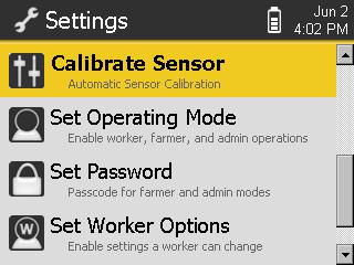 Calibration Procedure Press to return to main menu. Select Calibrate Sensor, press menu.