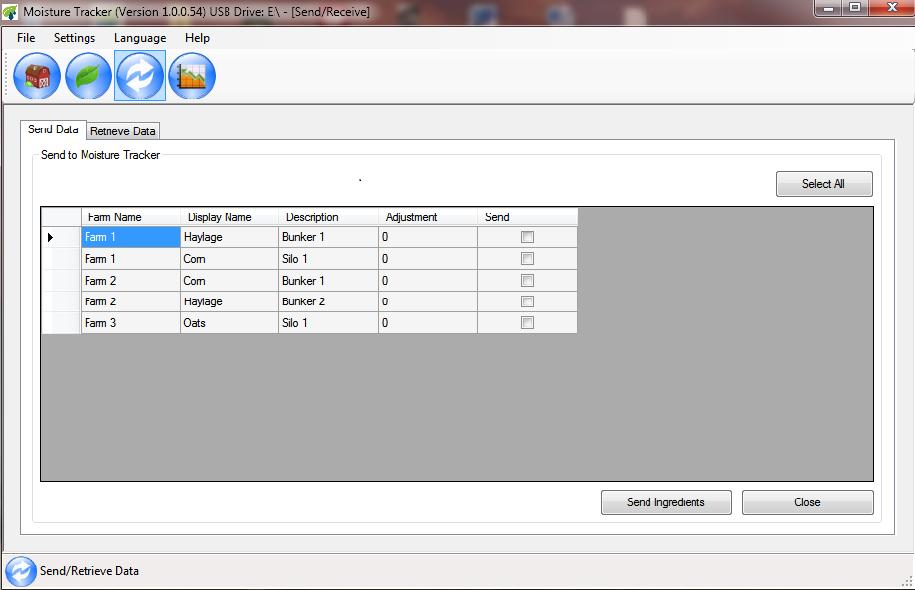 Send Ingredients to USB Drive A B C 10. A. From the Moisture Tracker TM main menu click on the Send/Retrieve Data icon.