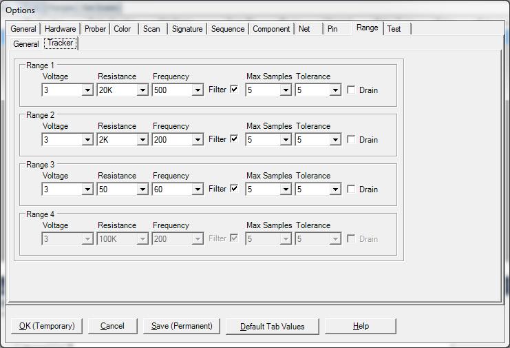 In the Ranges tab, set the Voltage, Resistance and Frequency range parameters. These are the ranges that will be used when adding a new Component. It does not change existing Components.