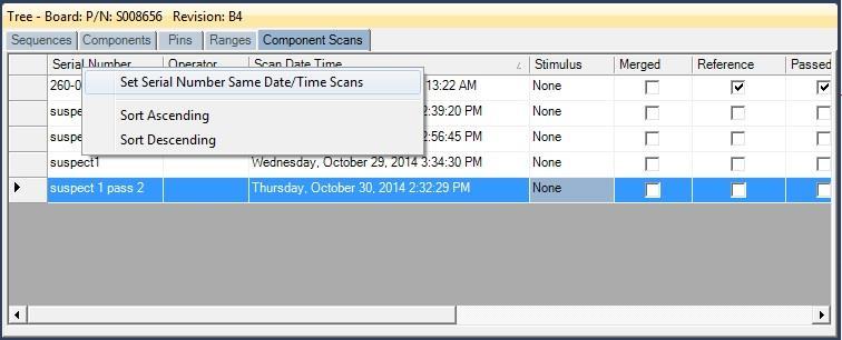 Component Scans Right Clicking (Auxiliary menus) Right clicking on the Column bar of the Scans pane displays an additional menu for performing specific tasks such as sorting or