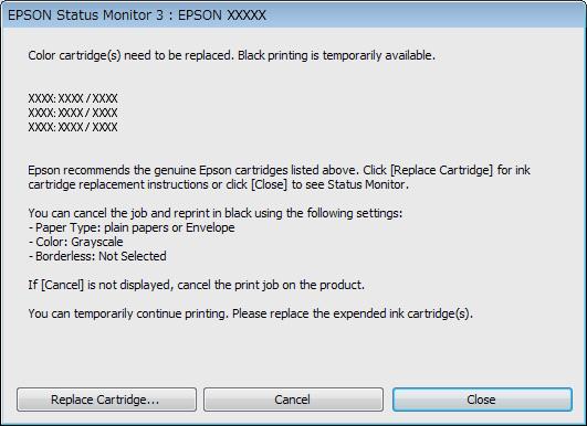 Rašalo kasečių pakeitimas A Kai EPSON Status Monitor 3 nurodo atšaukti spausdinimo užduotį, spustelėkite Cancel (Atšaukti) arba Cancel Print (Atsisakyti spausd.), kad atšauktumėte spausdinimo užduotį.