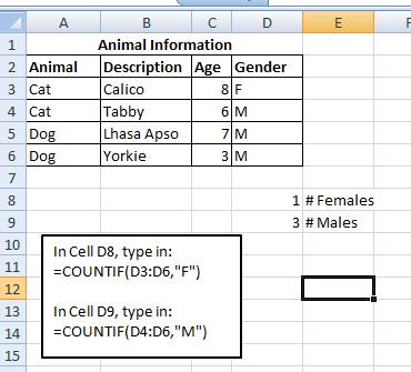 Counting Items in a Column In the cell where you want the count to appear, type in the formula to conditionally count the particular item: Example: In Cell D8, type in the formula and press return: