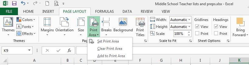 Printing: Select File > Print While in Print Preview, adjust the pages by clicking on Page Setup o Orientation o Scaling o Margins While on the Spreadsheet: o Set the Print Area Drag to highlight the