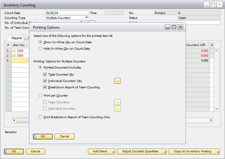 5 Printing Inventory Counting Documents As the standard function of SAP Business One, you can print either per inventory counting document or a batch of inventory counting documents together through