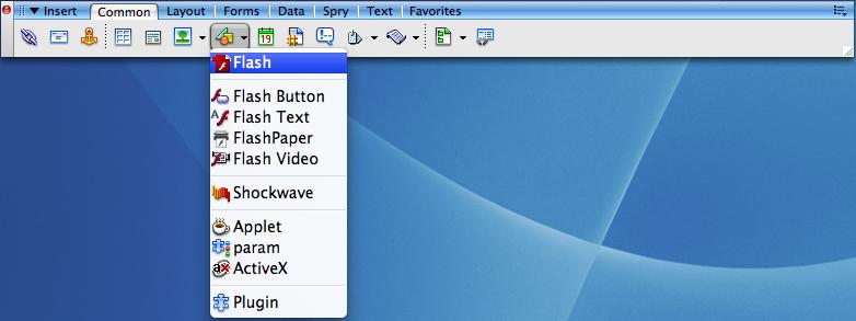 Inserting Media Objects You can insert Flash movie or object, QuickTime and Shockwave movie, Java applet, ActiveX control, or other audio and video objects in a Dreamweaver document. 1.