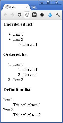 Text: Lists & Definitions (cont d) <h3>unordered list</h3> <ul> <li> Item 1 </li> <li> Item 2 </li> <ul> <li> Nested 1</li> </ul> </ul> <h3>ordered list</h3> <ol> <li> Item 1 </li> <ol> <li>