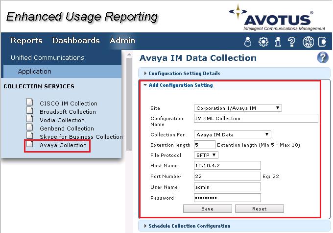 From the left navigation menu, click on Avaya Collection and from the right hand window of Avaya IM Data Collection click on Add Configuration Setting and configure the following values, Site: Select