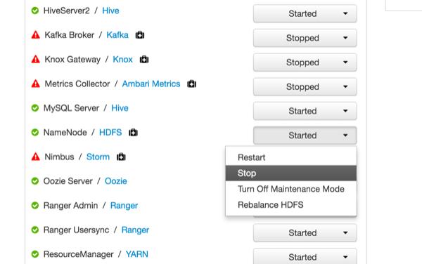 b. Select the FQDN. In this example, sandbox.hortonworks.com is the FQDN. c. Scroll down to NameNode and click on Started to reveal the drop down menu.