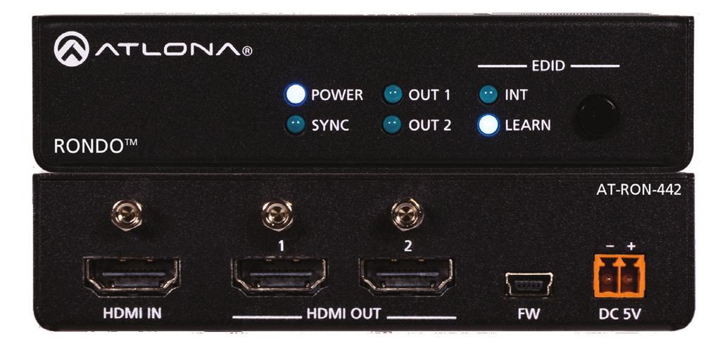 AT-RON-442 The Atlona Rondo 442 (AT-RON-442) is a 1x2 HDMI distribution amplifier for high dynamic range (HDR) formats. It is HDCP 2.