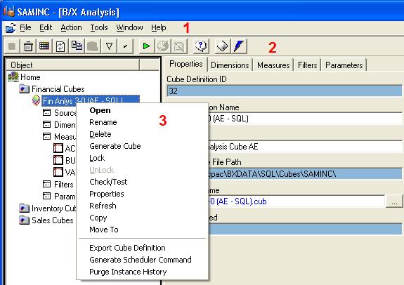 Lesson 5 Using the Analysis UI Sage ERP Accpac Intelligence Analysis Functionality Navigation MENU Commands In addition to using the Object and Properties windows you can also use the Menu Bar,
