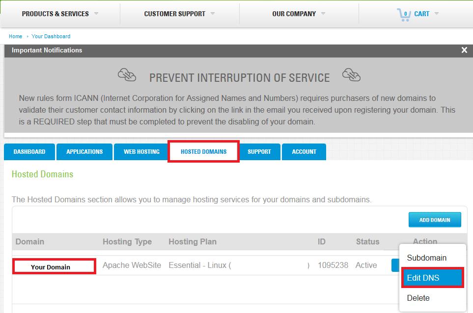 In your CenturyLink dashboard, click the Hosted Domains tab