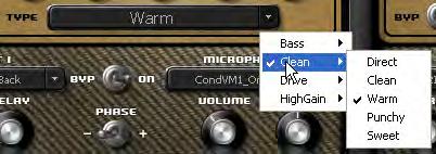 Click on an amp group name to reveal a menu displaying the Amp types. Range: Direct to OverBass Default: Clean AMP BYPASS controls Amp activation/bypass.