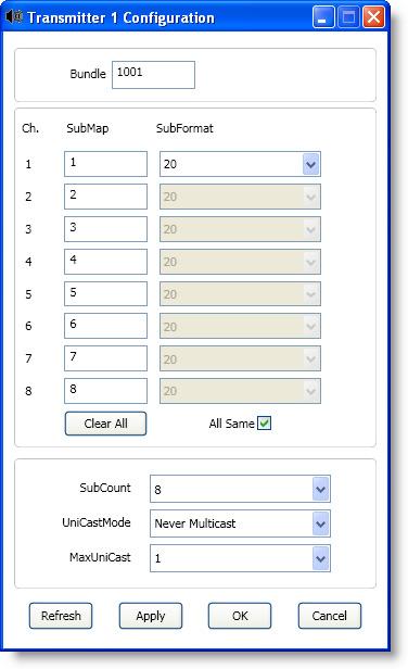 5. The bundle numbers can now be changed as required by either directly editing the bundle number field, or selecting one of the four transmit or receive bundles and clicking the Configure button,