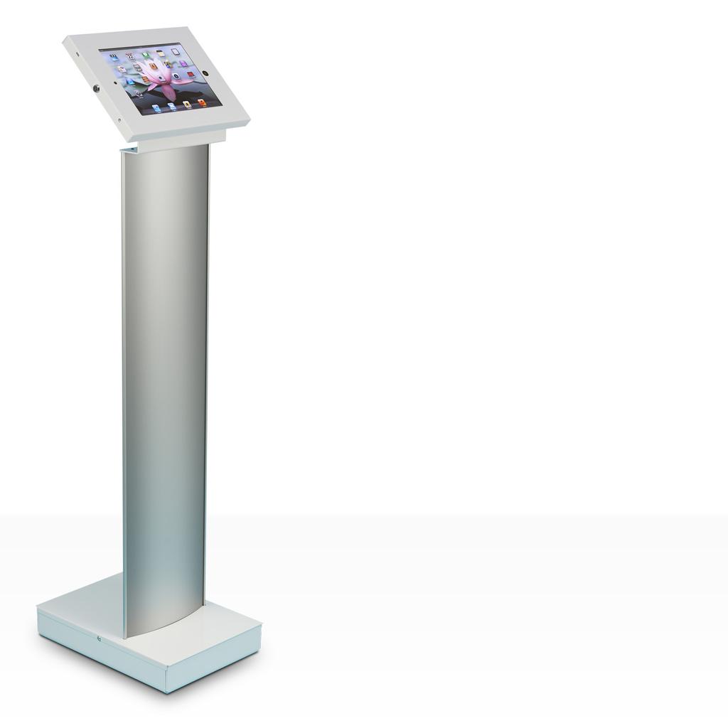 Kiosk Solutions BrandIT Floor Standing Tablet Kiosk Movable or can be secured to the floor Available in black or white Fits ipad 2, 3, 4, Air, Air 2 or Pro Large area