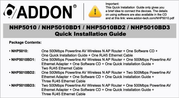 Note: The following Quick Installation Guide has been designed for the Addon NHP5010BD1 bundle, but it can be used for all other bundles.