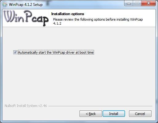 4. Click on Install to start the installation. 5. Click on Finish to finish WinPcap installation.