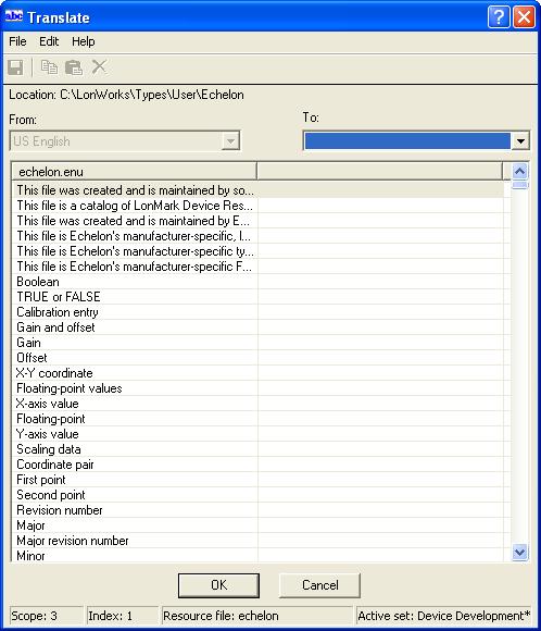 This figure shows the American English language resource file for the Echelon resource file set. 3. In the To box, select the language to which the strings in the language file are to be translated.