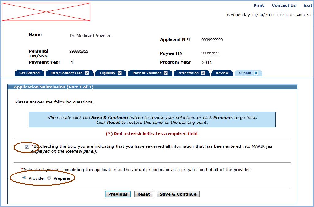 Step 7 Submit Your Application MAPIR User Guide for Eligible Professionals This screen depicts Provider selection.