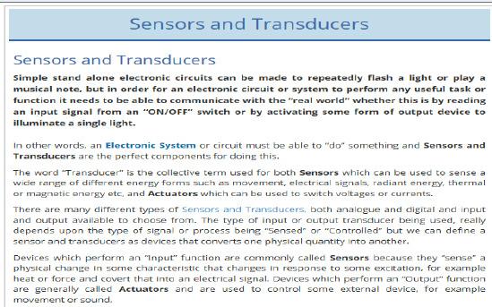 Sensors and Transducers Tutorial covering sensors and transducers (input devices) and actuators