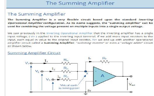 The summing op-amp A tutorial about the summing op-amp. Includes characteristic equations.