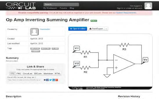 Online circuit simulator online simulation package. Includes inverting, non-inverting and summing op-amps. Can perform simulation of other circuits, including digital circuits and flip flops.
