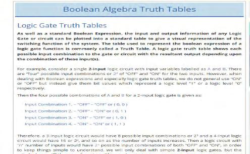 Logic gate truth tables A tutorial about logic gate truth tables. Also has an introduction to Boolean algebra and expressions.