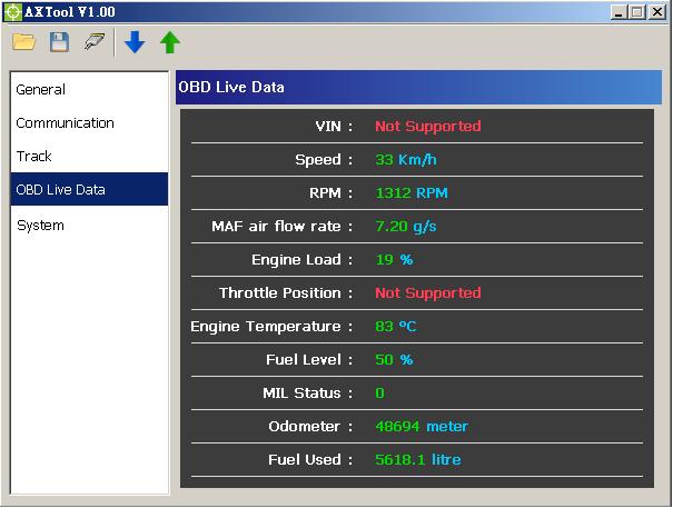 OBD Live Data When AX5 has connected to the OBD-II port of the vehicle. The [OBD Live Data] will showing the OBD live data from OBD-II port.