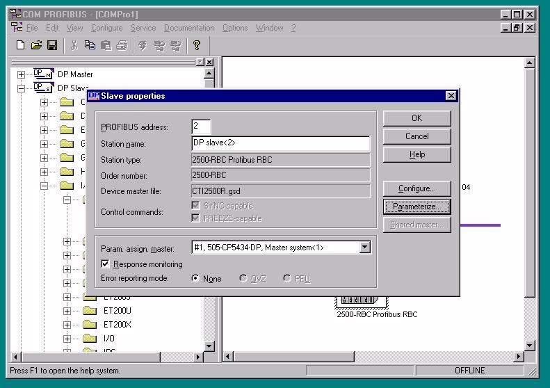 Then click on Properties to bring up the configuration dialog. Enter the desired Profibus address and station name.