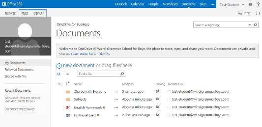 Log in to your school email Click OneDrive at the top of the page This will launch your One Drive for Business area.