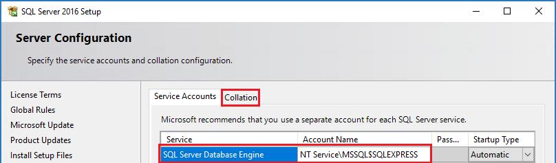 Server Configuration If there is an existing SQL instance on the server and the SQL Server 2016 Express installation is an additional SQL instance change the SQL Server