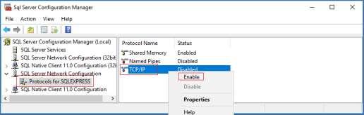 Enable TCP/IP Expand SQL Server Network Configuration and highlight Protocols for