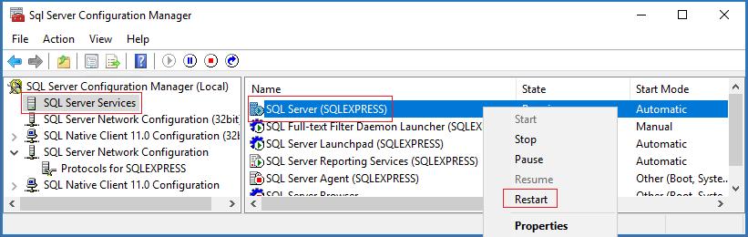 Wisdom SQL Server Setup Fiserv Restart SQL Server Services Click on SQL Server Services (left window pane) and right click on SQL Server (SQLEXPRESS) in the right