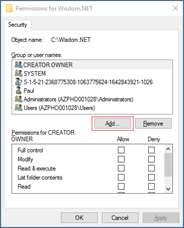 NET Folder Properties on both the SQL Server and the Web Server. Click the Security tab and then click Edit. In the second window, click Add.
