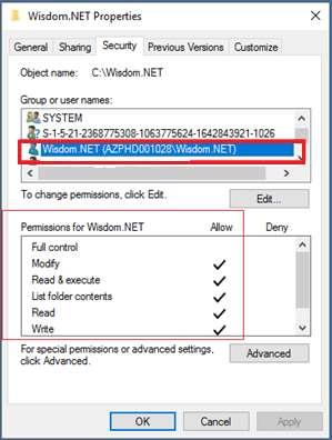 NET Properties, Security tab as shown below. Scroll and highlight Wisdom.
