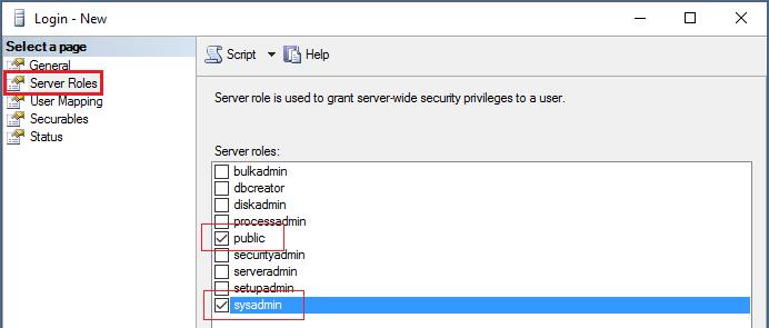 Select Sever Roles page (left window pane) and check the sysadmin