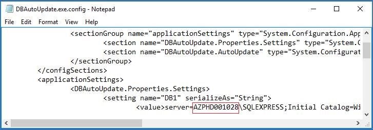See example below. Full SQL Credit unions that added the Wisdom database to their existing Full SQL instance, change the SERVERNAME in the DBAutoUpdate.exe.