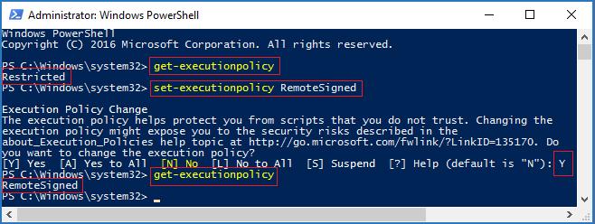 Copy the following cmdlet and paste it to the PowerShell window to view the execution policy. See screenshot below. get-executionpolicy 2.