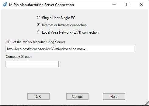 Enter the URL of the MISys Server then click OK to close the window. If you are not certain of this entry, it may help to refer to the note you made of the server connection for version 6.3.