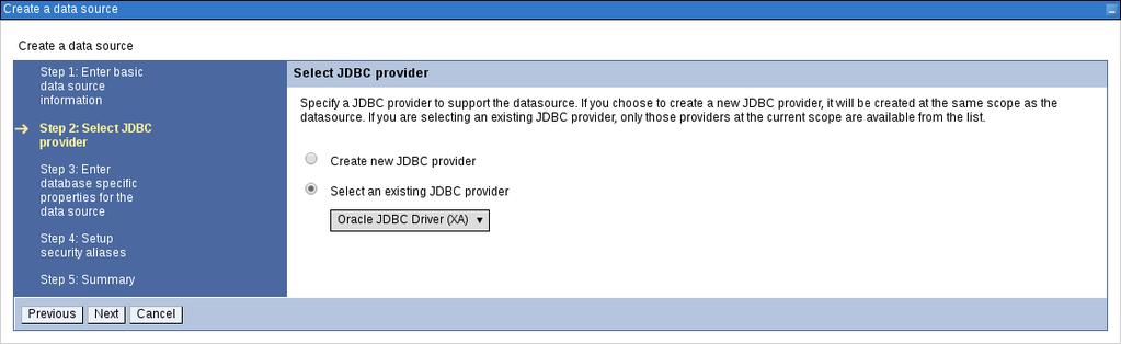 Red Hat JBoss BPM Suite 6.4 IBM WebSphere Installation and Configuration Guide Figure 3.14. Selecting JDBC Provider 5.
