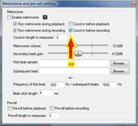 Another window will appear called Metronome and pre-roll settings, in this you will see Count-in before Recording (A3) in Diagram 4.