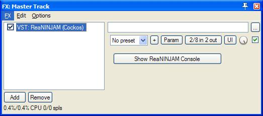 Two windows will pop-up. You can close the FX: Master Track and leave the window: ReaNinjam v0.13 1. By checking this box you transmit your sound to ReaNinjam. 2.